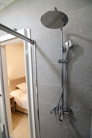 Hair dryer, towels, soap