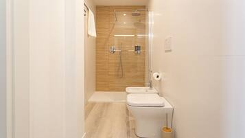 Shower, hair dryer, bidet, towels