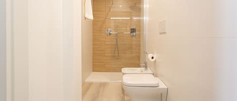 Regadera, secadora de cabello, bidet, toallas