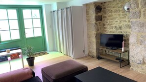 A living room with a stone wall, a television on a stand, a sofa, a coffee table, and a potted plant. - Large duplex in the heart of the village of Carnac, near historic sites & beaches (Carnac)