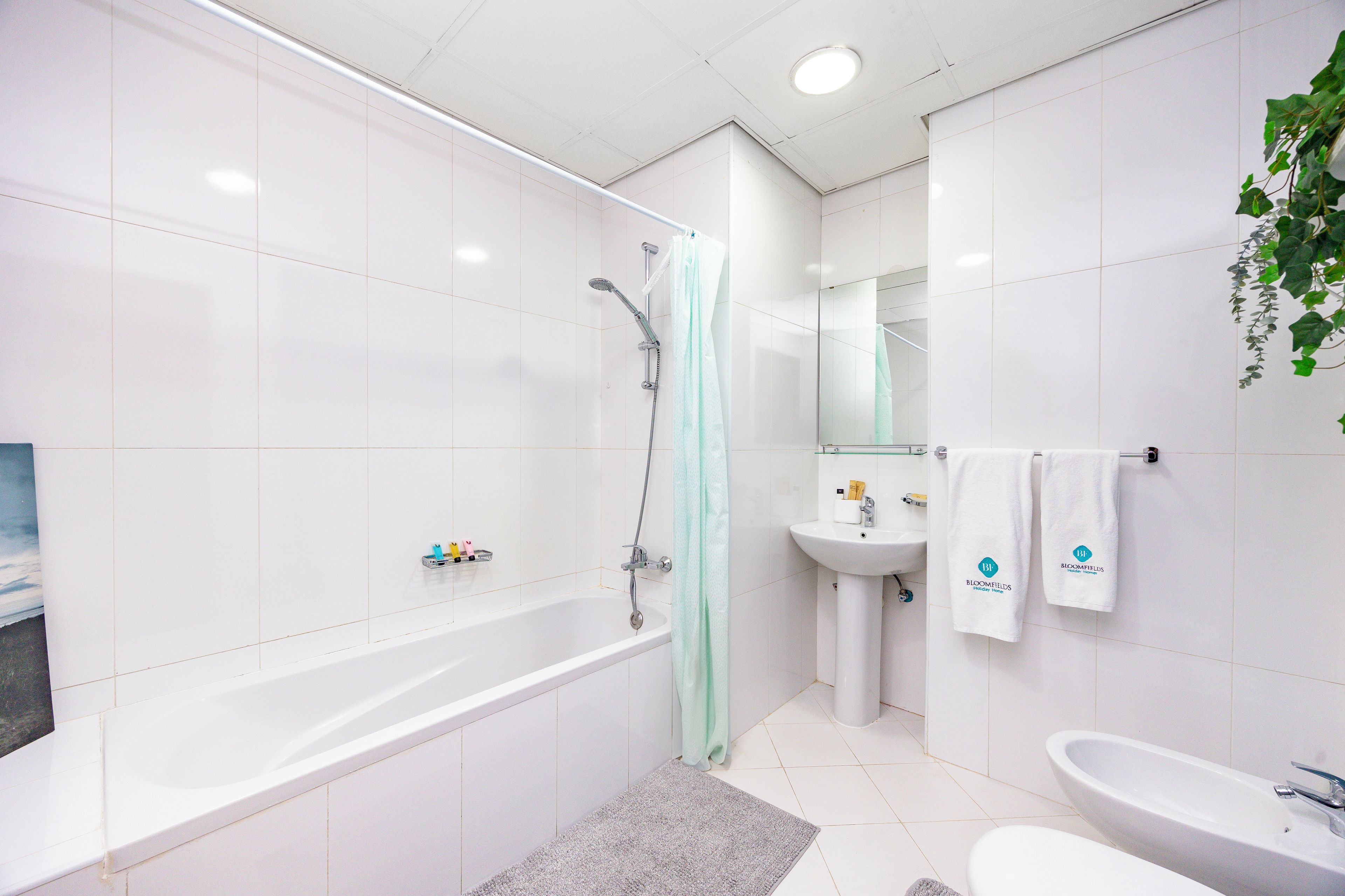 Un baño moderno con bañera, lavabo y ducha.