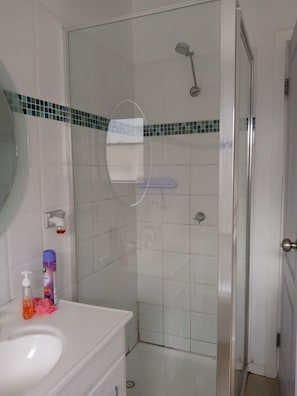 Shower, hair dryer, towels, soap
