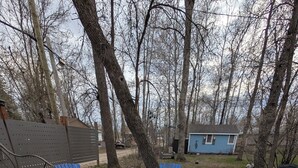 En baghave med et bålsted, to blå Adirondack-stole og et blåt skur.