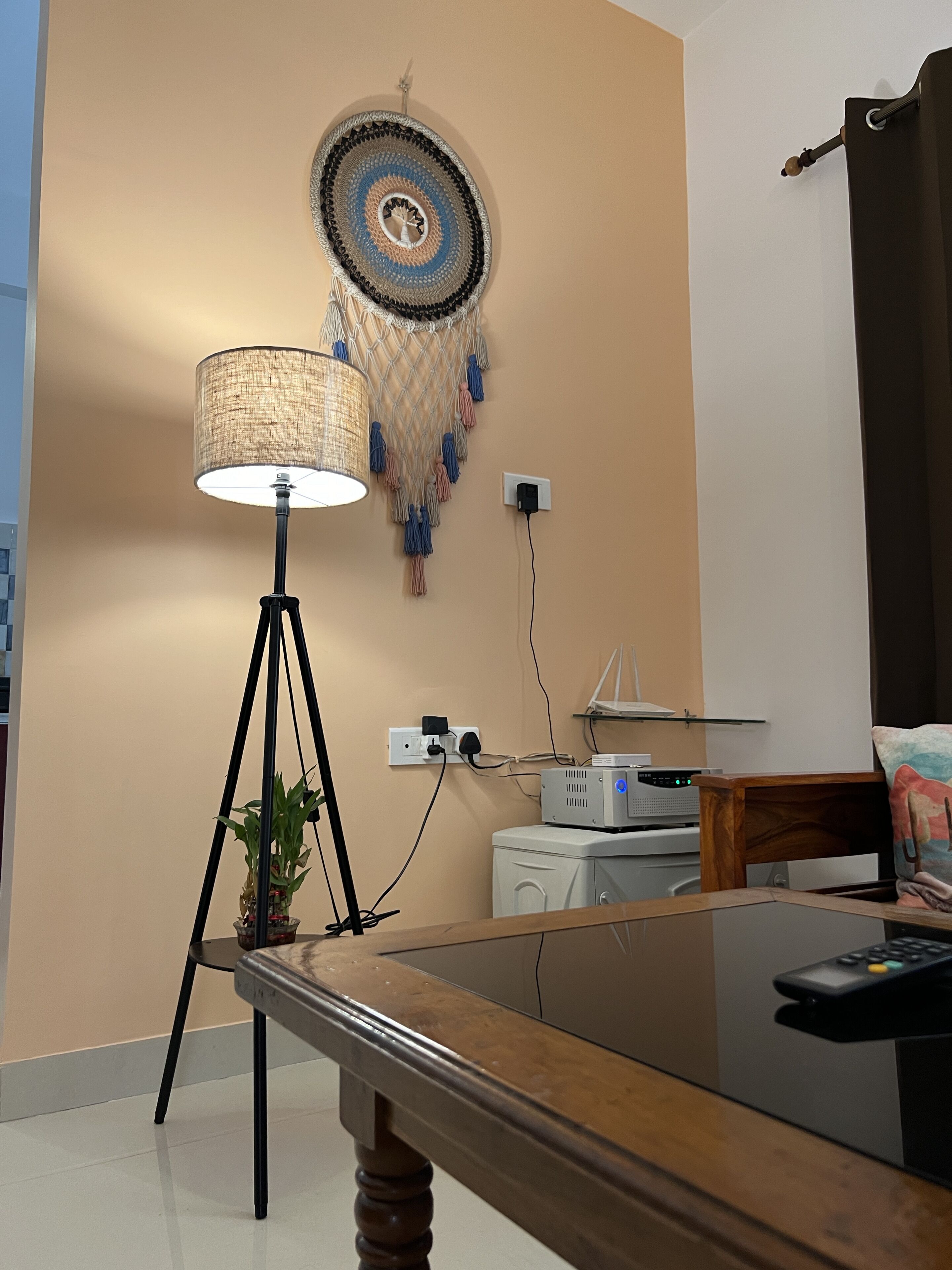 A room with a dining table, a lamp, a wall hanging, a washing machine, and a TV stand.