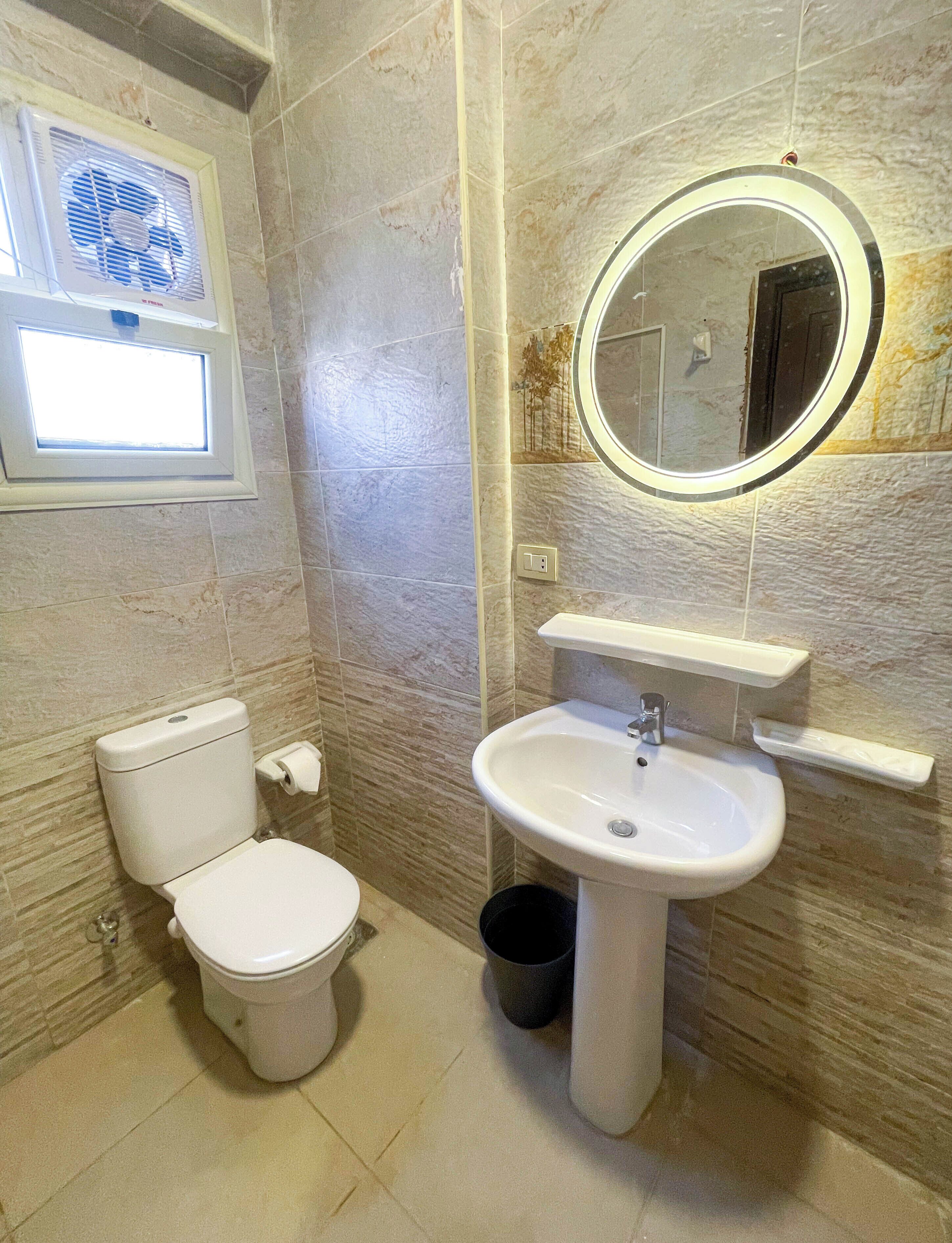 A bathroom with a toilet, sink, and mirror.