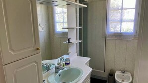 A bathroom with a white sink, mirror, and a bidet. There is a window providing natural light. - Vacation home in Le Pouliguen - Pets welcome! (Le Pouliguen)