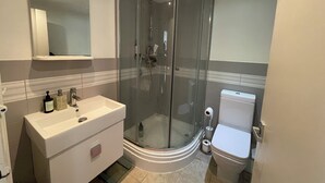 A modern bathroom with a glass-enclosed shower, a white sink with a mirror above, and a toilet.