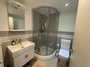 Douche, serviettes fournies, savon, papier toilette