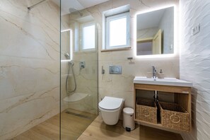 Shower, hair dryer, bidet, towels