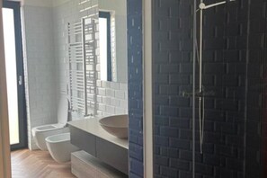 Shower, hair dryer, bidet, towels