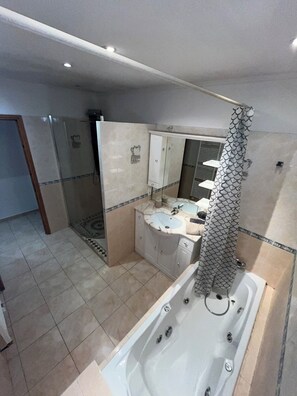 Hair dryer, towels, soap, toilet paper