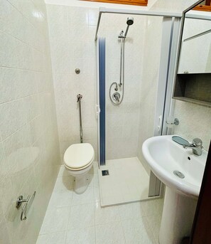 Ducha, secador de pelo, bidé y toallas