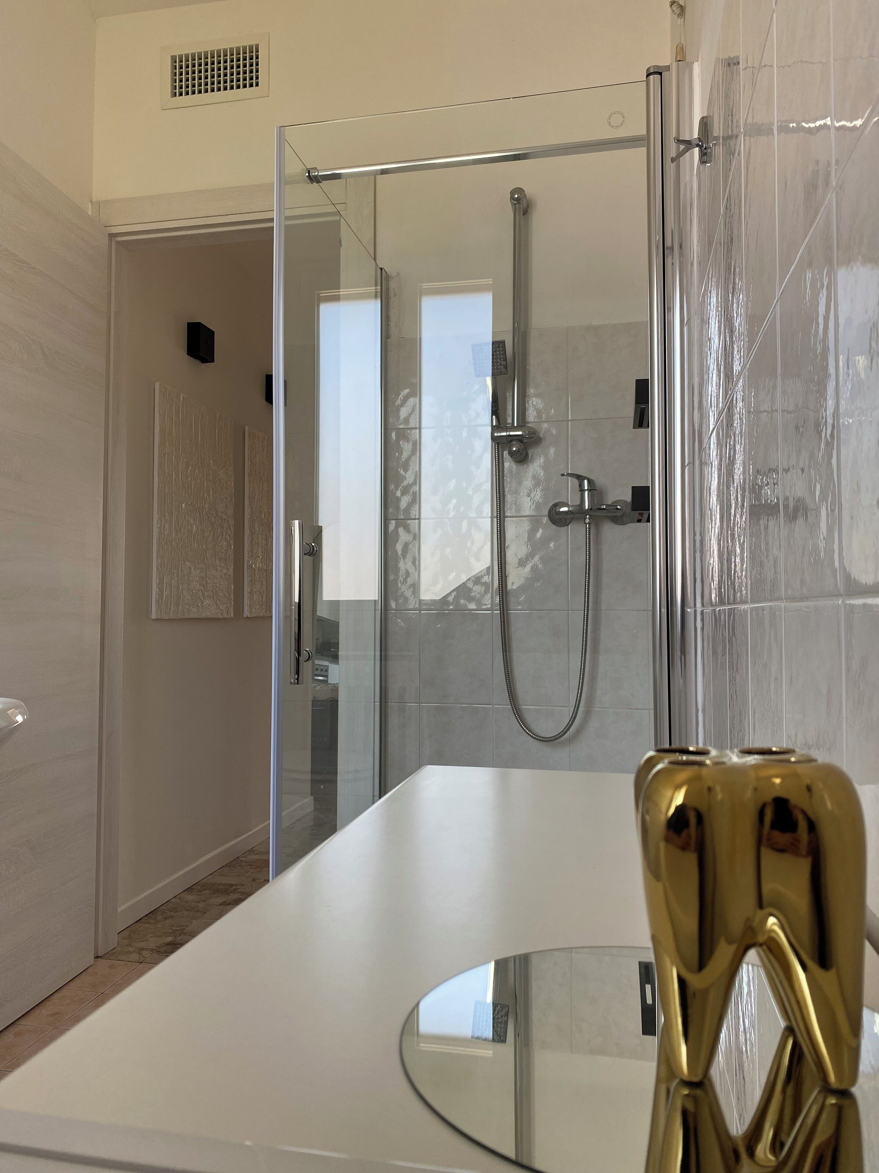 Een douche, een haardroger, een bidet, handdoeken