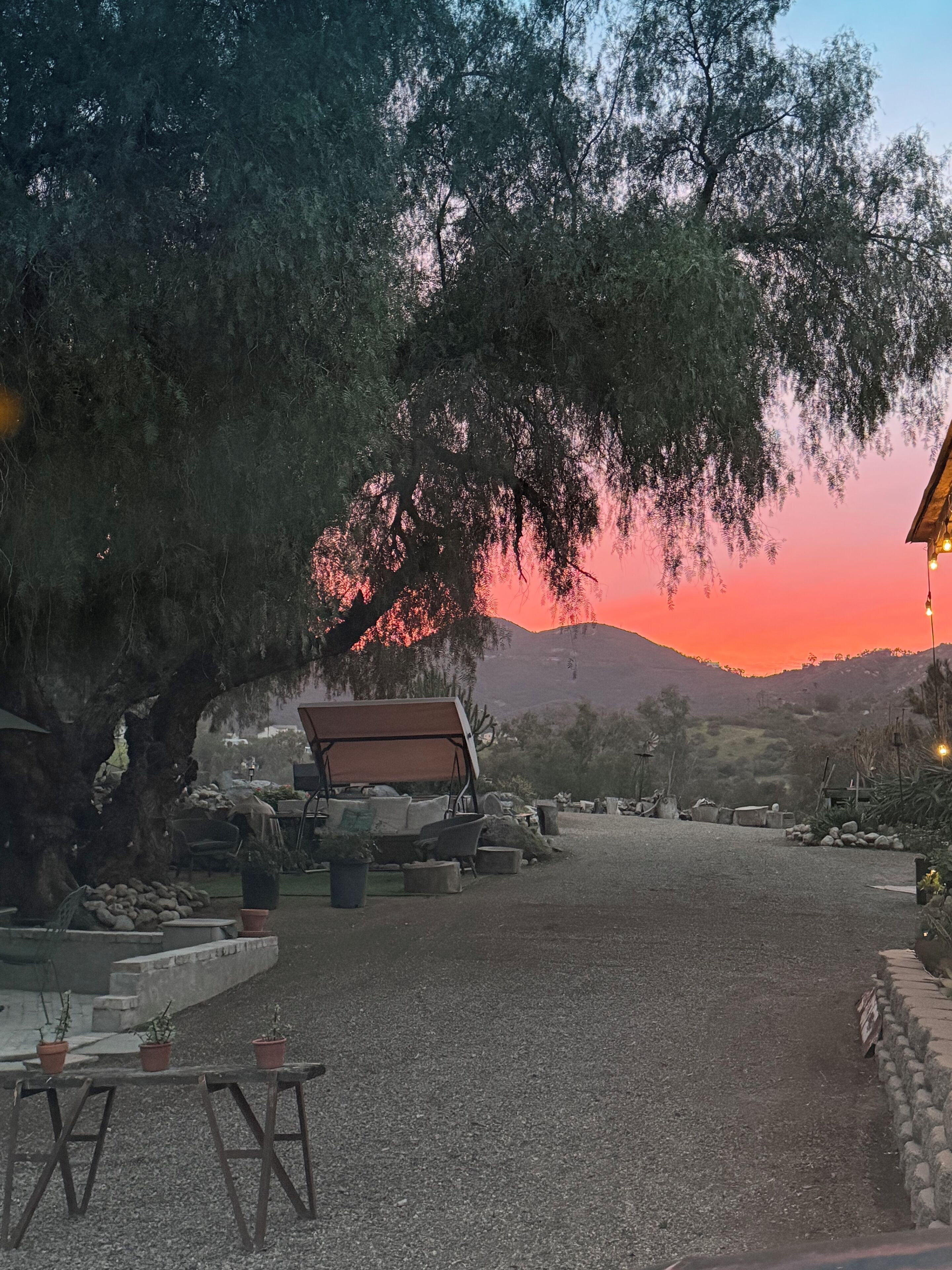 A gravel path leading to a covered seating area with a swing chair and a table, surrounded by trees and a sunset in the background.