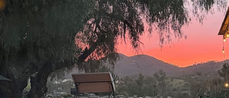 A gravel path leading to a covered seating area with a swing chair and a table, surrounded by trees and a sunset in the background.