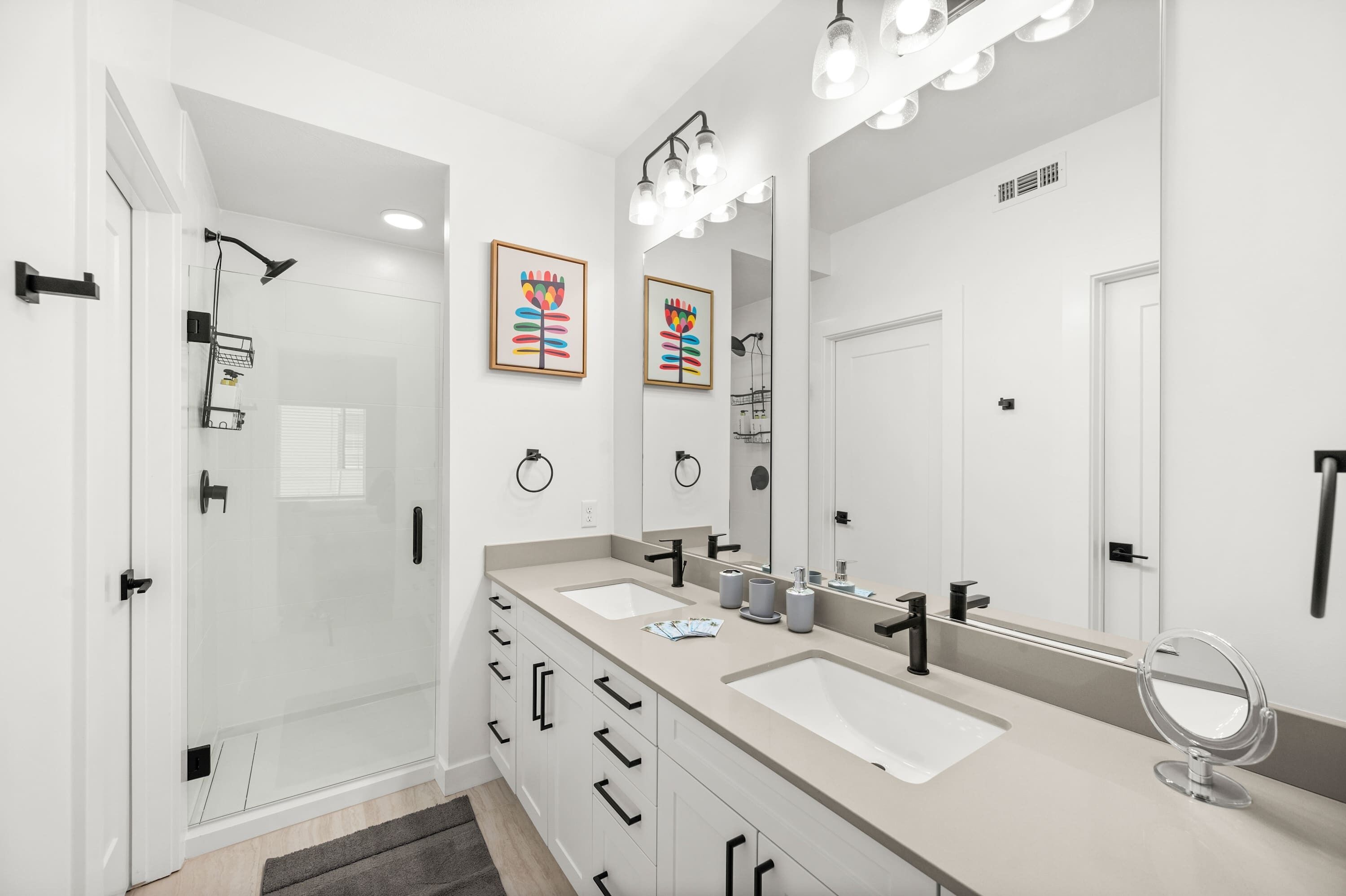 Shower, hair dryer, towels, shampoo