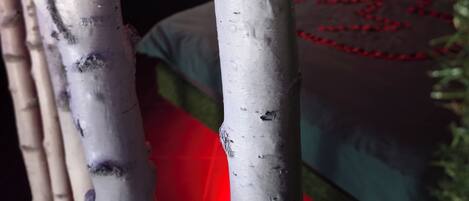 Een kamer met een bed, een televisie en een tapijt met een rood-groen patroon.