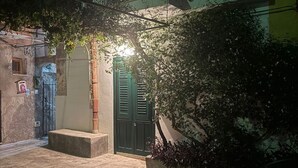 A nighttime view of a narrow alley with a green door and a small porch area.