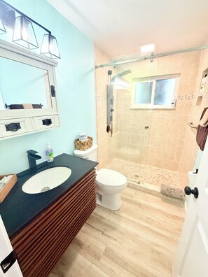Shower, hair dryer, towels, soap