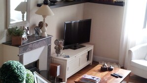 Un salon avec un téléviseur, des meubles blancs, une cheminée et une bibliothèque.