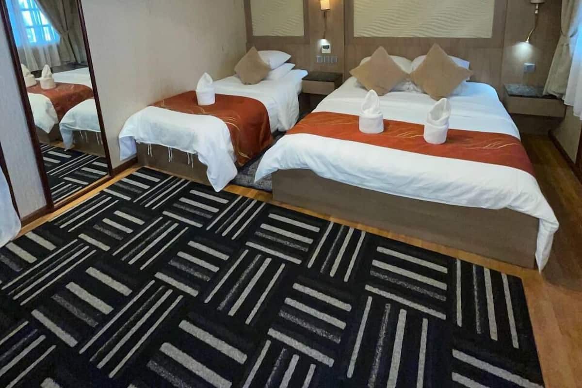 Quarto de hotel com duas camas, um candelabro, um espelho grande e um tapete estampado.