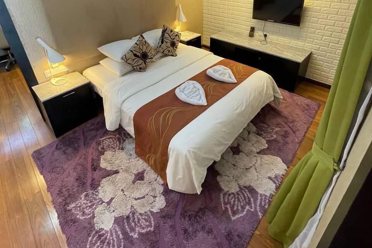Quarto com cama, televisão na parede, ar condicionado e um quadro.