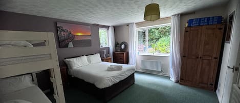 2 bedrooms, desk, laptop workspace, iron/ironing board
