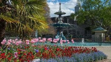 A fountain surrounded by a flower bed with pink and red flowers, a palm tree, and a building in the background.