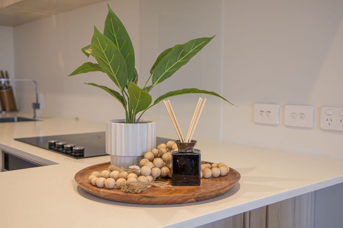 Un comptoir de cuisine orné d’une plante en pot, d’un plateau en bois contenant des objets ronds et d’un petit récipient noir rempli de bâtonnets.