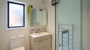 A modern bathroom with a toilet, sink, mirror, and glass shower enclosure. - Macky Street Studio Retreat (Lower Hutt)
