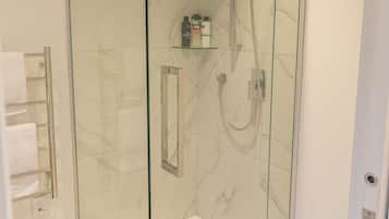 A glass-enclosed shower stall with a handheld showerhead and a handheld shower control.