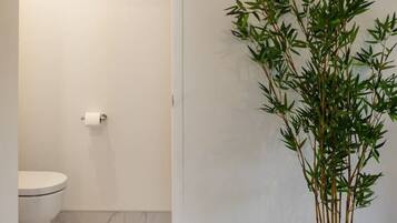 A bathroom with a toilet, a clock on the wall, and a bamboo plant on a stand.