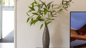 A modern interior with a tall, textured vase on a black console table, a television on the right, and a view of the outdoors through a glass door. - Tranquil Trentham Escape (Upper Hutt)