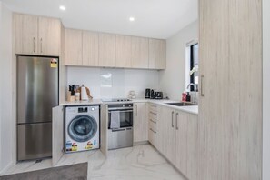 Fridge, microwave, oven, stovetop