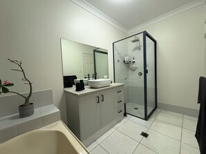Hair dryer, towels, soap, toilet paper