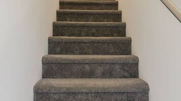 Un escalier recouvert de moquette, doté d’une rampe, qui mène à une porte située en haut.