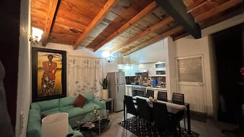 Smart TV, fireplace, books, stereo