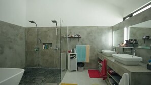 Shower, hair dryer, towels, toilet paper