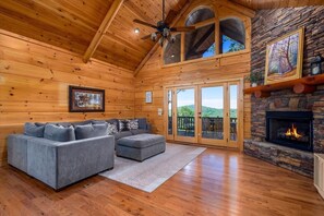 Smart TV, fireplace, books