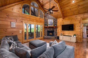 Smart TV, fireplace, books