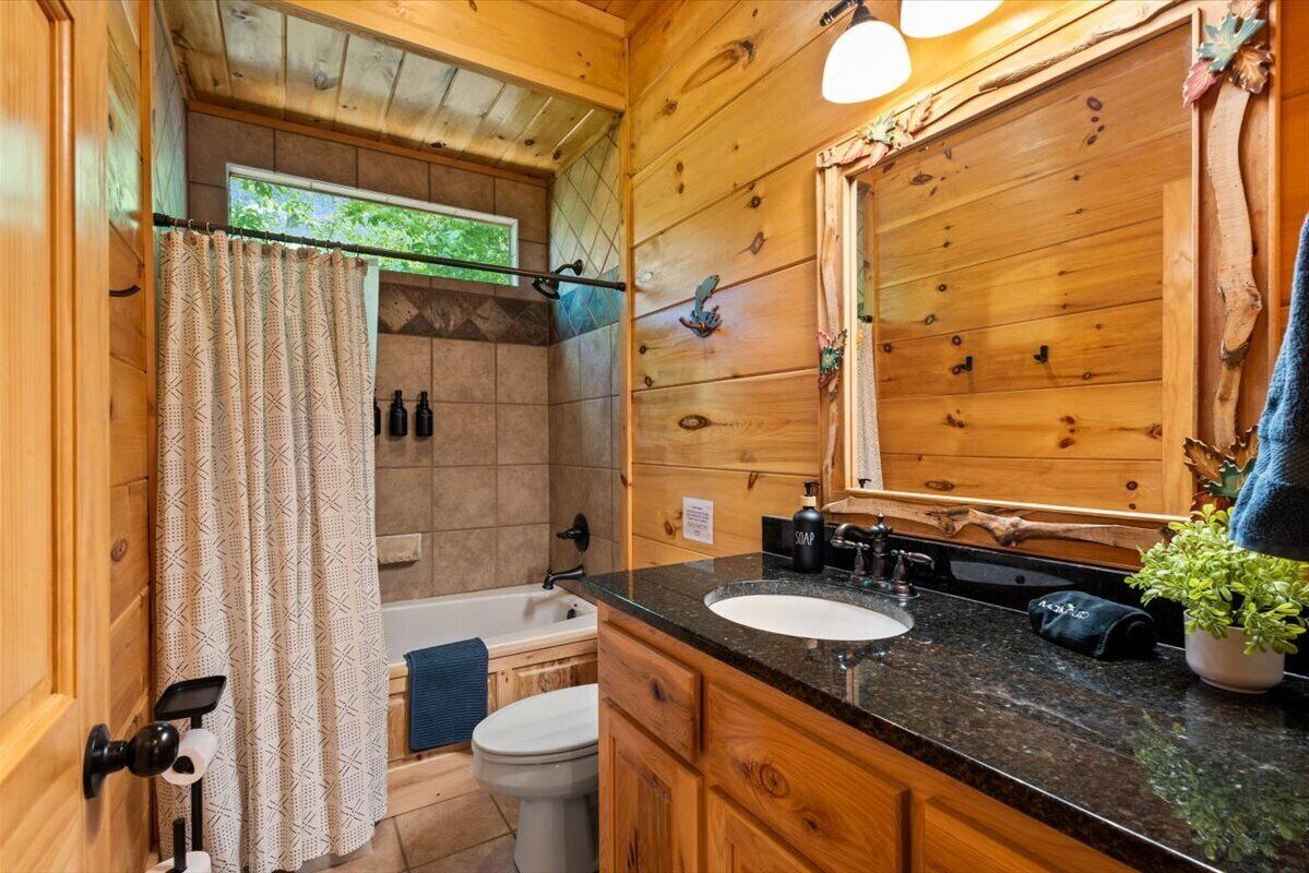 Ein Badezimmer einer Holzhütte mit Dusche, Toilette, Waschbecken und einem großen Spiegel.