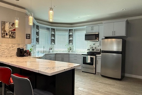 Kitchen and island