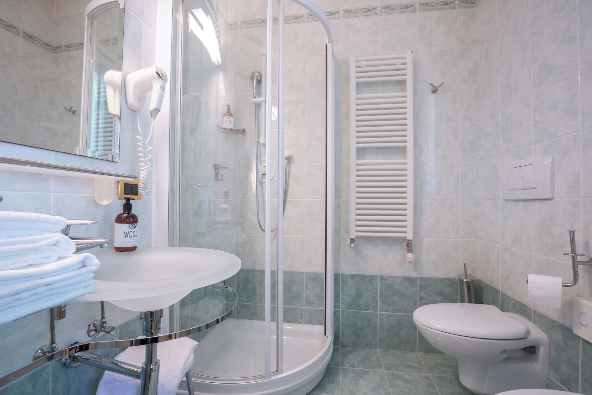 A bathroom with a glass-enclosed shower, a toilet, a sink with a mirror, and a towel rack.