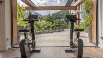 Un gimnasio interior con dos bicicletas estáticas, suelo de madera y vistas a un jardín y montañas a través de amplios ventanales.