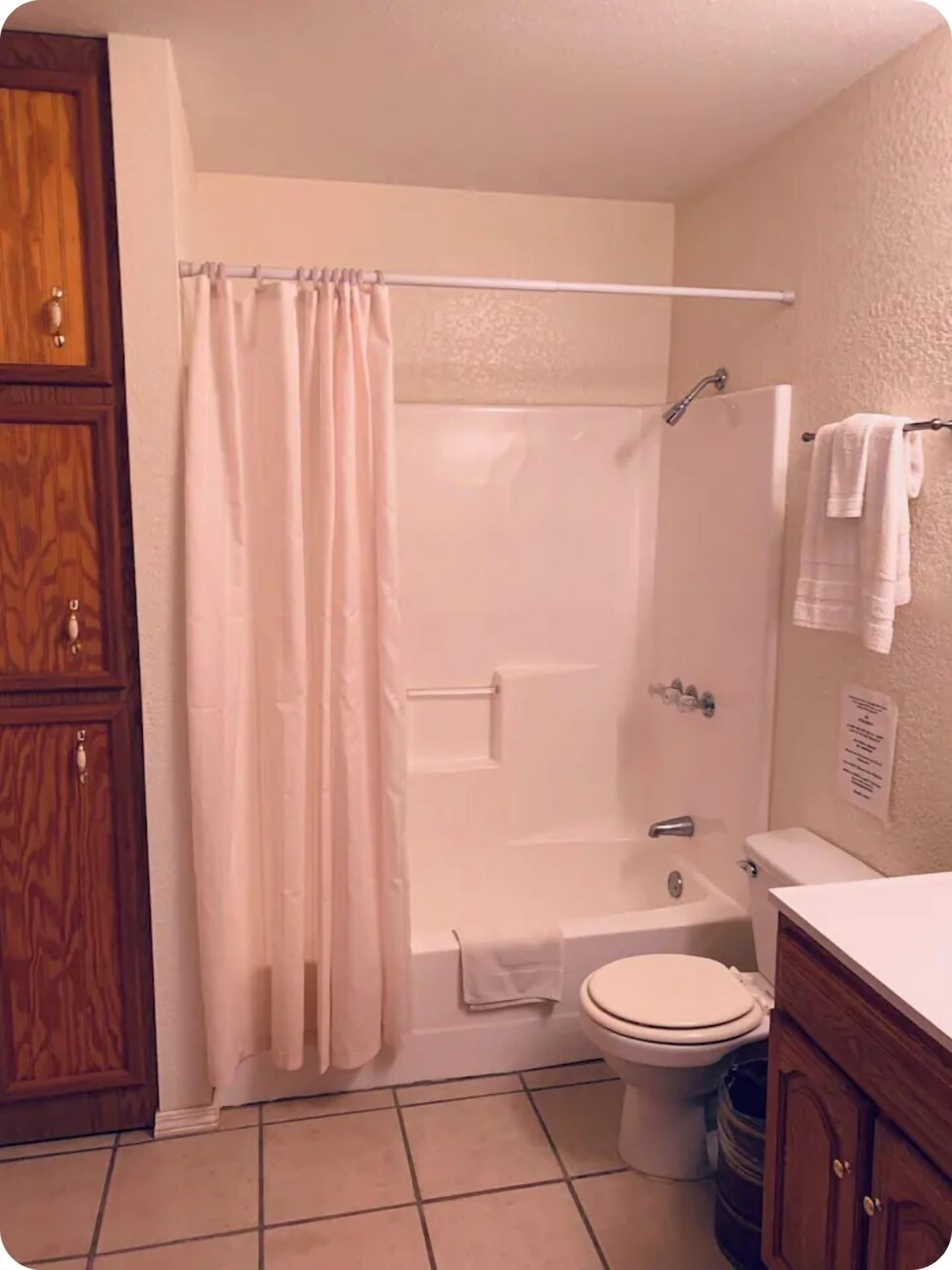 Une salle de bain avec douche, toilettes et meubles en bois.