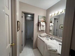 Hair dryer, bidet, towels, soap