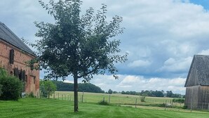 Eine grüne Wiese mit einem Baum und zwei Scheunen.