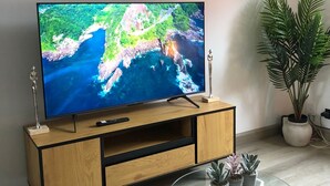 A flat-screen TV on a wooden TV stand with a remote, a glass table, and potted plants. - PERIPLO HOME (Camelle)