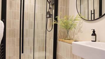Shower, hair dryer, towels, shampoo