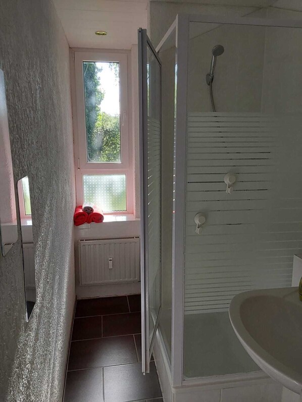 Shower, hair dryer, towels, soap